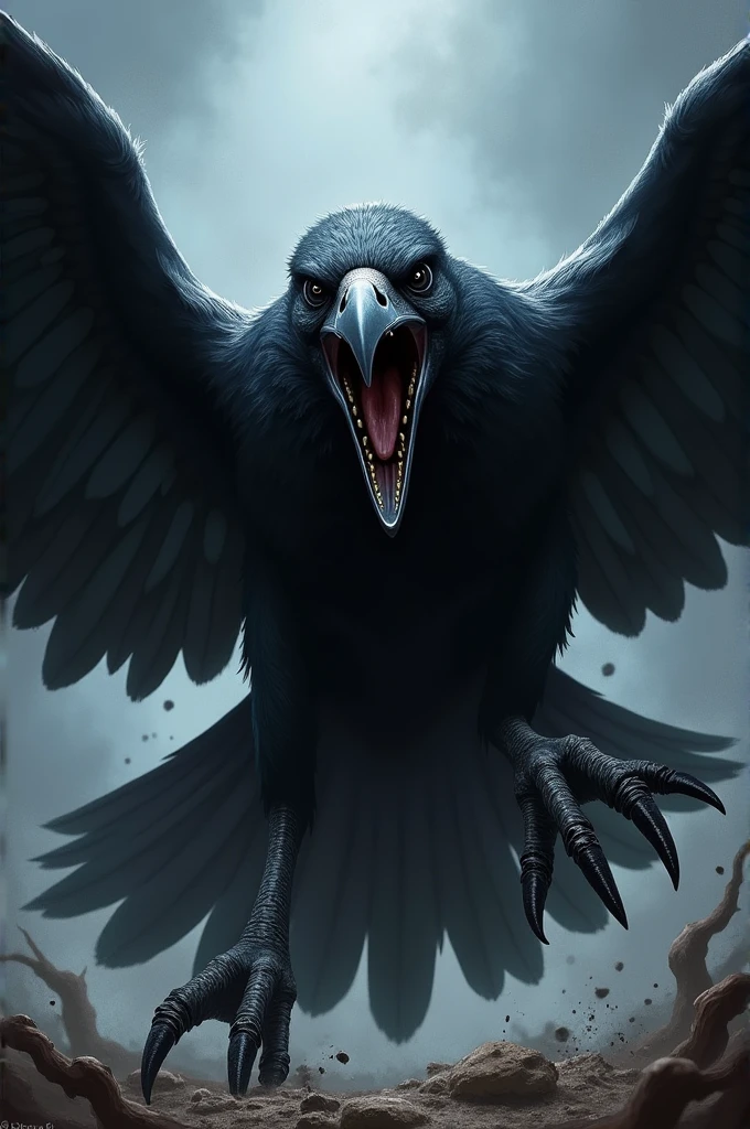 Draw a crow with characteristic features and an attacking pose
