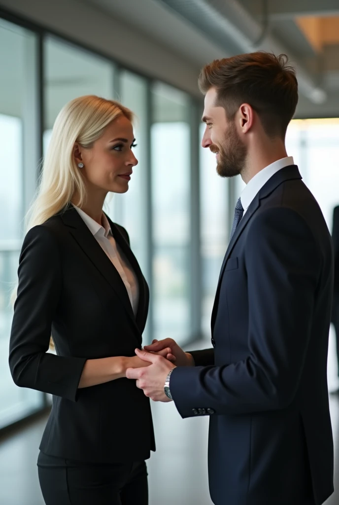 confiant dressed albino beautifull executive woman talking to a young executive man in a non romantic way, looking at each other in an office