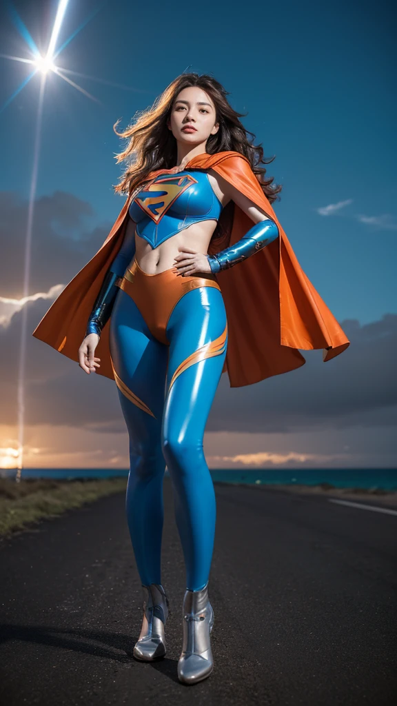 masterpiece, best quality, nvidia RTX, Full makeup, Extremely beautiful, Orange wavy hair, The hair is blown by the wind, Clear images, Realistic skin details, Movie Lightning, Intricate details, ((Futuristic Superwoman)), ((Tights)), ((Sexy set)), ((Blue latex)), ((Super girl symbol)), Perfect face, Proportional mechanism, (Cape blown by strong wind:1.3), ((whole body)), Camel toe:1.4, Thigh gap, Bright background, Standing in the middle, Symmetrical pose, Epic light reflections, night, smokes, From below