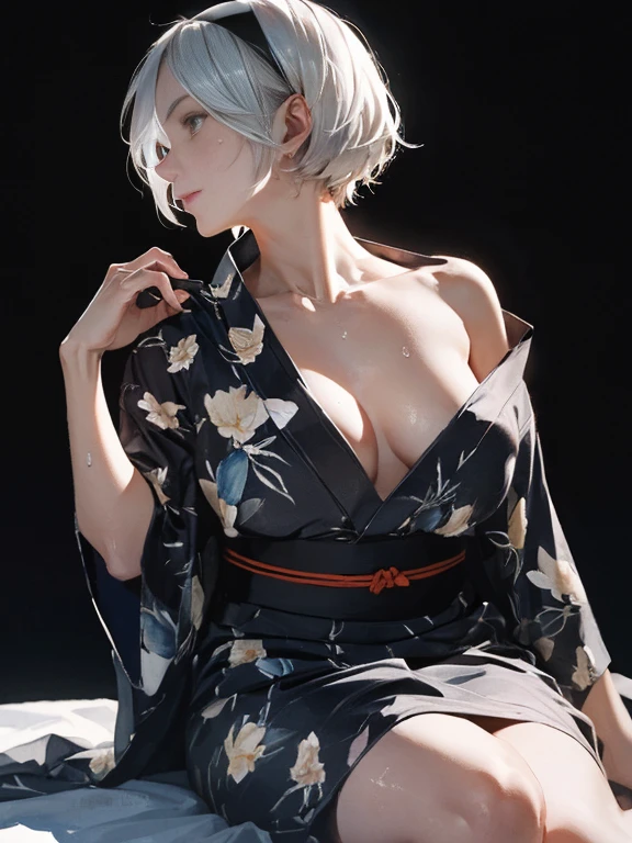 {(sensual look:1.4),(erotic face:1),(very ecstasy:1.2),(writhing:1.4),half open eye},BREAK,{(realistic photo graphic style:1.4),(watercolor image:1.2),(sketch drawing),overall light color}{(simple configuration:1.1),(profile:1.2),(look away:1.2)},BREAK,{(simple black background:1.4),(iris:1.4),(cast a glay shadow on the background:1.4)},BREAK,{(black headband:1.4),(colorful red floral large pattern on black colored yukata:1.4),(disheveled yukata:1.4)},BREAK,{(clavicle:1.2),(cleavage ween breasts:1),(shoulder:1.2),(thigh:1.4),(armpits:1),(sweat on the neck:1.2)},BREAK,{solo, (2B of Nier Automa:1.2)), (white_silver colored hair:1.4), short cut hair, (blue glowing eyes:1,4),(black hairband:1.4)},BREAK,{(masterpiece,best quality, 8K UHD, extremely detailed CG, detailed beautiful face and eyes and skin and hair)}