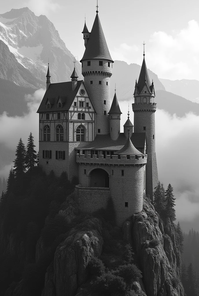1800s castle, black and white, mountain top