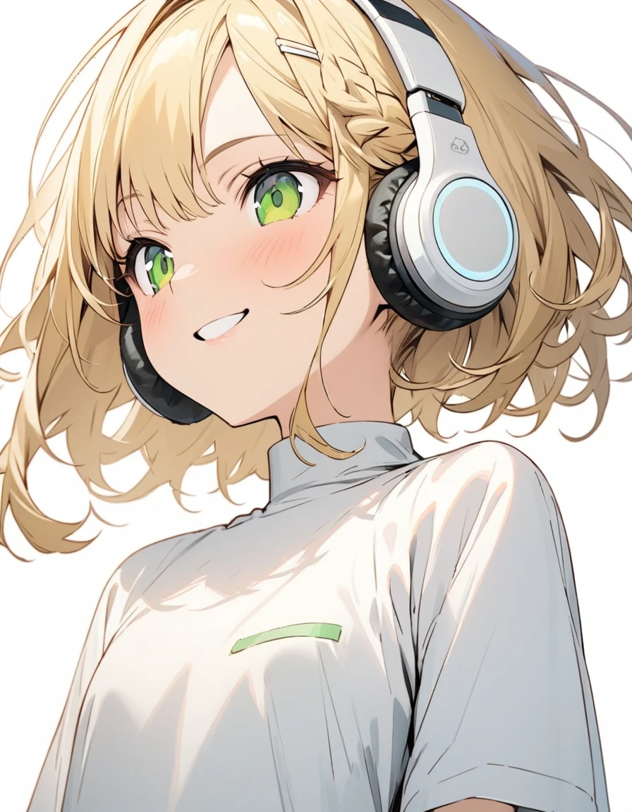 ((ultra-detailed))/one women, short blonde hair and bob hair.、beautiful green eyes、a braid, I tied my hair in a bun with a hair clip..、smile、gentle smile on her face、flat chest, one Beautiful girl,((masterpiece, illustration, best quality) ((ultra-detailed))/solid white background,blank background, while wearing wireless white headphones, full upper body
