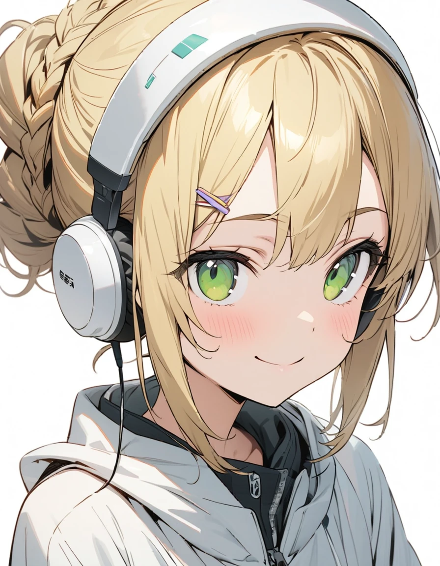 ((ultra-detailed))/one women, short blonde hair and bob hair.、beautiful green eyes、a braid, I tied my hair in a bun with a hair clip..、smile、gentle smile on her face、flat chest, one Beautiful girl,((masterpiece, illustration, best quality) ((ultra-detailed))/solid white background,blank background, while wearing wireless white headphones, full upper body