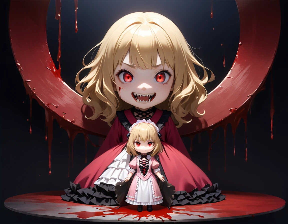 beautiful girl、とてもcute天使、Pink Lolita Clothes、cute、Baby Face、Smile、Long skirt、Black Long Boots、.(Highest quality,4K,High resolution,masterpiece:1.2),Very detailed,Realistic:1.37,Spooky altar background,Dark fantasy,Red color scheme,Ominous atmosphere,Eye-catching,Storytelling,anatomy,Anime Style,Concept Art,beautiful細部までこだわった顔と (((Red eyes ))),A terrifying ritual ,Satanic Ritual,Premature death,inappropriate behavior,クレイジーなsmile,Scythe Face,Girl Monster, beautiful, Delicate facial features, Sharp Eye, Sharp Fangs, pale skin, Thick chain, Dark Background, Cinema Lighting, Dramatic Shadows, Gothic style, Gloomy atmosphere, Dark fantasy, One Girl, Please open your mouth wide, Open your mouth and baring your teeth,Sharp teeth like a beast, Wide lips, very wide mouth, Vermilion cheeks, ,(Blood splatter:1.4),Scary smile, smile,Angel Design, Twisted smile、Bloody、bleeding from the head,,,,,、Blood splatter、,(Blood splatter:1.4),skull,Horror Style, ((Fantasy Sweet Lolita Frilly Pink Costume)), ((flowing blonde hair)), ,(Blood splatter:1.4),Female curves, Sexy flat stomach, Perfect hands, Perfect anime face, (Pink Lolita Dress)), Are standing, ((邪悪なsmile)), ,(Blood splatter:1.4), Steam circulates, Moonlight Illumination, night lighting, (Blood splatter:1.6),アニメAngel Design, Twisted smile、Bloody、bleeding from the head,,,,,、Blood splatter、,(Blood splatter:1.4), skull,Gothic architecture、Western architecture、Fantasy World、,Victorian cities, Skeleton Gas Light,Absurd, High resolution、 ((Tabletop)), ((Highest quality)), (Very detailedな), ((Very detailed)), (beautiful), ((pretty girl)), (NFSW:1.8), alone,(10 years old:1.6)、(world&#39;The most terrifying and creepy demon girl:1.5)beautiful face、Whole Body Ezbian、pale, Beautiful Skin、beautiful金の髪、優しくSmileむ、Dark building ruins、(snow white&#39;Frill dress:1.3)、(The dark ruins are stained with blood:1.3)、Low angle full body shot、(少女は血の海の中にAre standing:1.5)、(The ground is full of blood:1.3)、(The girl lost a lot of blood...:1.3)、(クレイジーなsmile:1.6)、Spirits、(Blood dripping from the mouth:1.3)、

