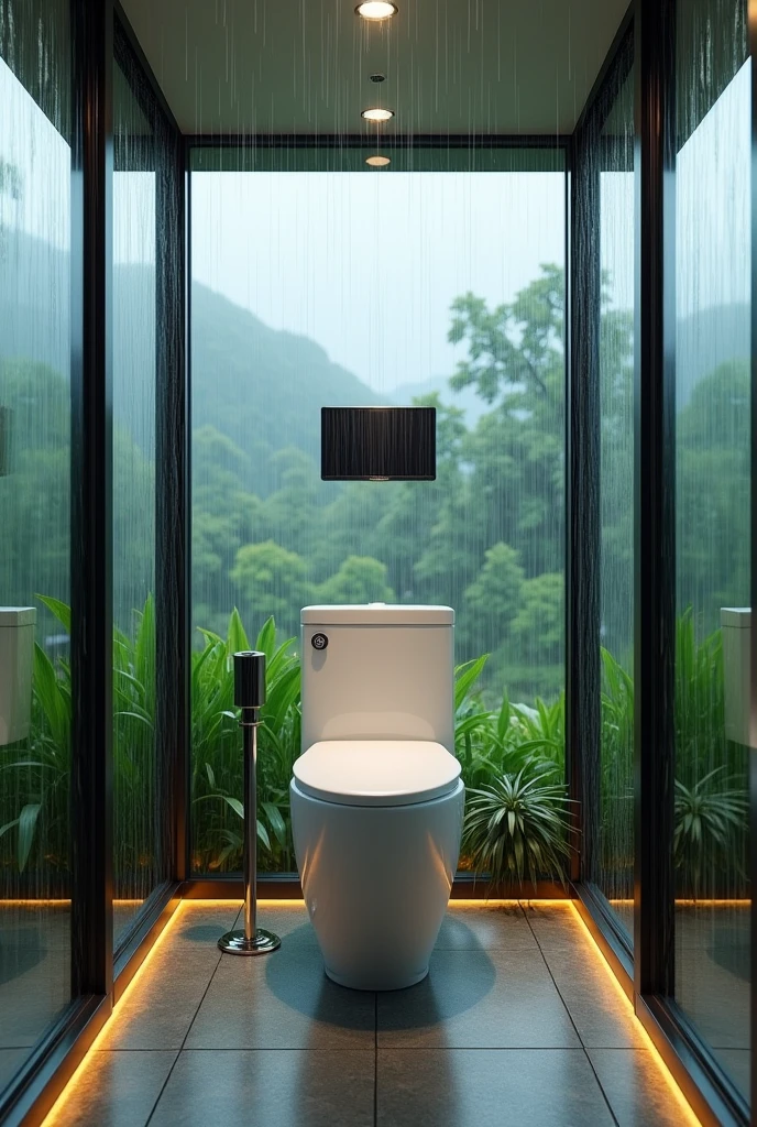 Nice toilet in glass house in the rain with TV 
