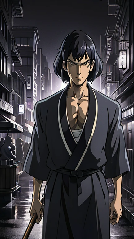 (1man, goemon), (extremely detailed CG unit 8k wallpaper),(master part), (best quality), (ultra detail), (best illustration),(ghibli style), cowboy shot, (Sharp eyeliner, ombre, detail eyes:1), dark city, outdoors, ,break , (mad-sincity), upper body,1940s, noir, night, japanese clothes,