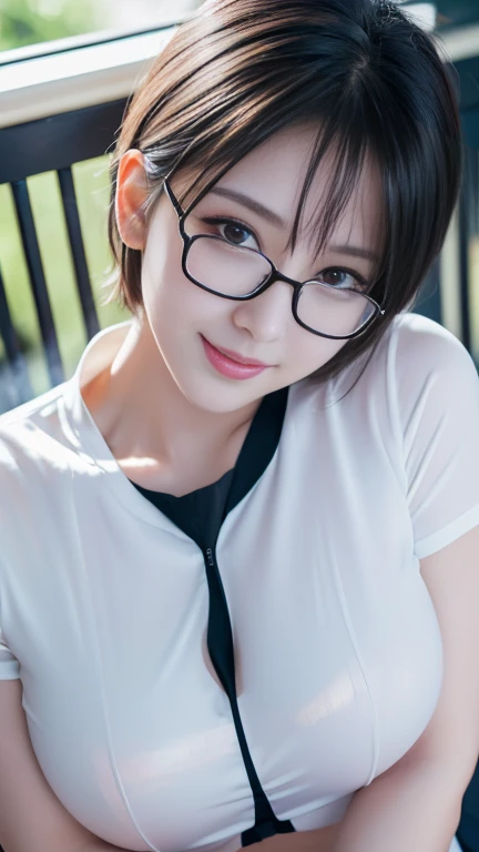 Gentle expression, Lie in, White glasses, Blue and black short hair, (8k, RAW Photos, Realistic:1.25) ,( Lip gloss, eyelash, Shining Face, Glowing Skin, Highest quality, Ultra-high resolution , Written boundary depth, chromatic aberration, Caustics, Wide Light, Natural Shadows, K-POPアイドル) She gazes at the viewer with a calm, goddess-like expression of bliss., whole body, Big Breasts, Black Stockings, White shirt, secretary、smile、(Full Shot:1.8)