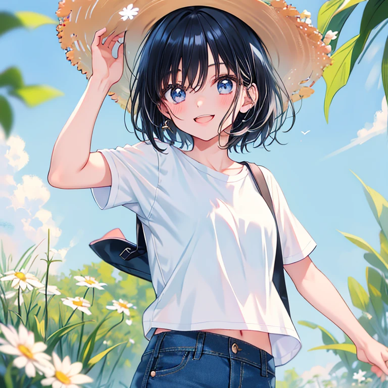 solo, High resolution, Bangs between the eyes, Highest quality, masterpiece, detail, High-resolution model, Ultra high definition, girl,  anime, cute, Shiny Hair, One girl, black Hair/Light black hair, short Hair , fair skin, Gleeful laughter, Shining countenance , 35mm lens, f/1, age 20 , cheerful, shirts + short denim pants, straw hat, summer, hoshino ai , idole