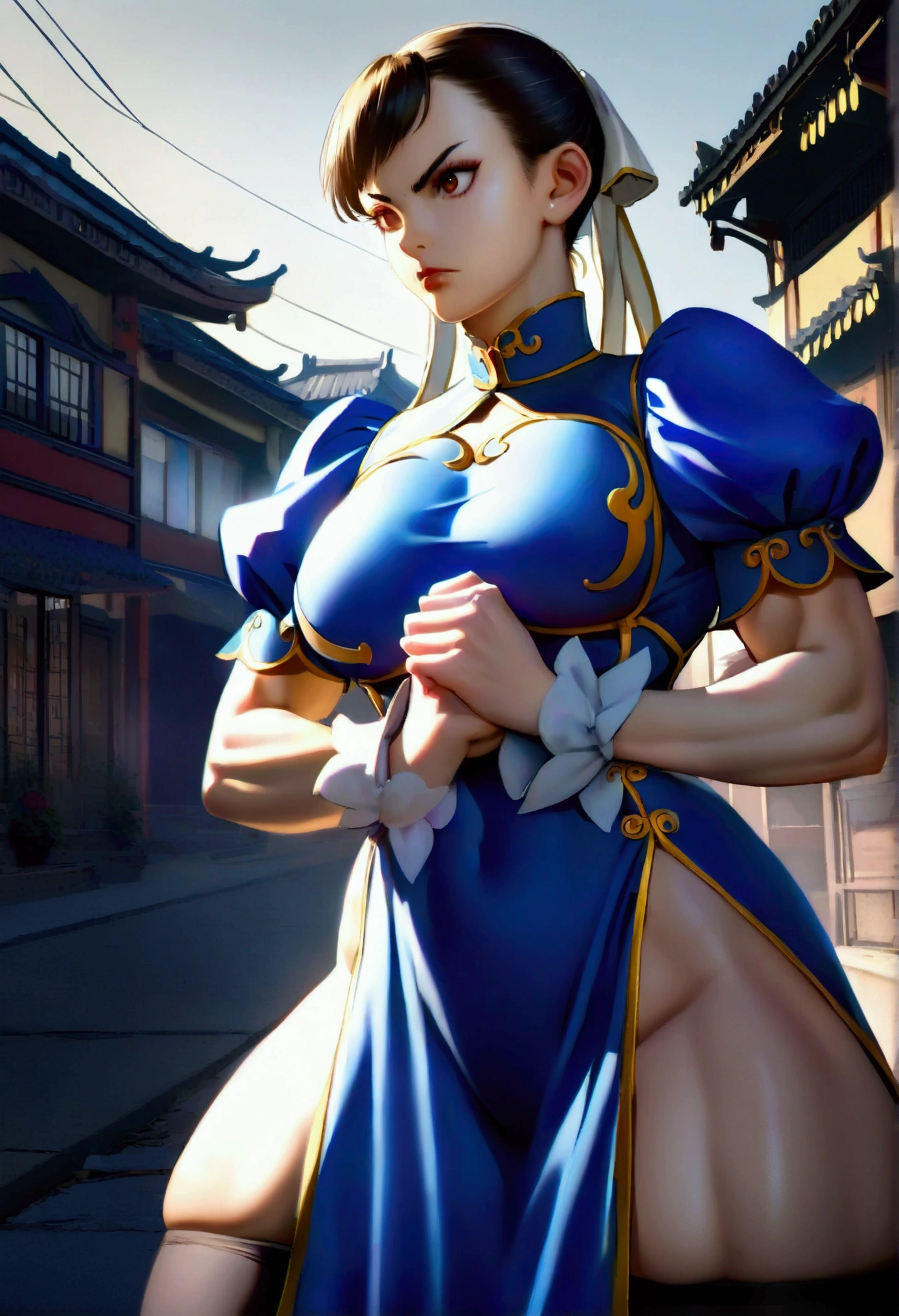 Chun-Li,beautiful young woman in classic blue uniform, thick-thighs, beautiful sexy thighs,a little muscular, hair stuck, blackstockings,Chinese city in the afternoon, standing alone.standing alone, blue outfit, blue skirt, serious look, beautifuleyes, beautiful face well detailed, detailed eyes and eyebrows.brown dark eyes,yellow low lighting
