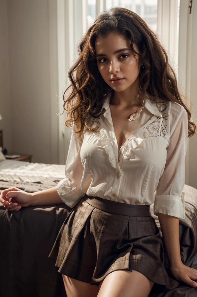 woman with curly hair wearing a skirt and blouse with detailed seductive
alluring eyes in a modern bedroom, best quality masterpiece, photorealistic,
detailed, 8k, HDR, shallow depth of field, broad light, high contrast,
backlighting, bloom, light sparkles, chromatic aberration, sharp focus,
RAW color photo