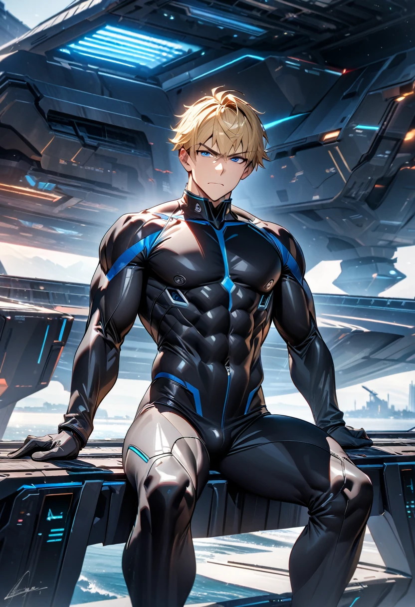 masterpiece, best quality, 8K, HDR,, Muscular blonde captain in a black spandex suit, sitting on a futuristic warship bridge, overseeing operations. His intense blue eyes command attention, while his short hair adds to his resolute expression. The spacious sci-fi warship bridge stretches out behind him.