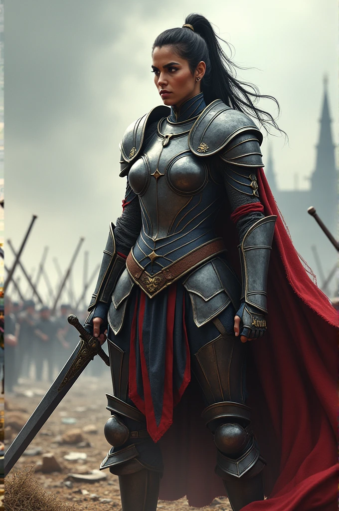 Shriya Saran in strong body ((iron Armour)) ((ponitail hair)) shouting face, iron sword,war ground in background