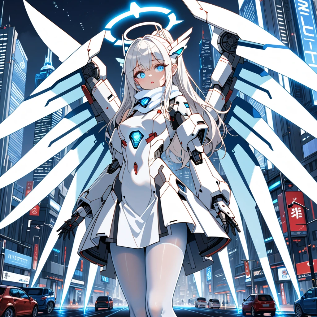 masterpiece, highest quality, highest resolution, clear_image, detailed details, white hair, long hair, 1 girl, car ears, one red eye and one blue eye, futuristic wings, futuristic halo, white sci fi mecha dress, white scarf (around the neck withn a light blue glow), white pantyhose, full body, no water marks, city, blood coming out of mouth