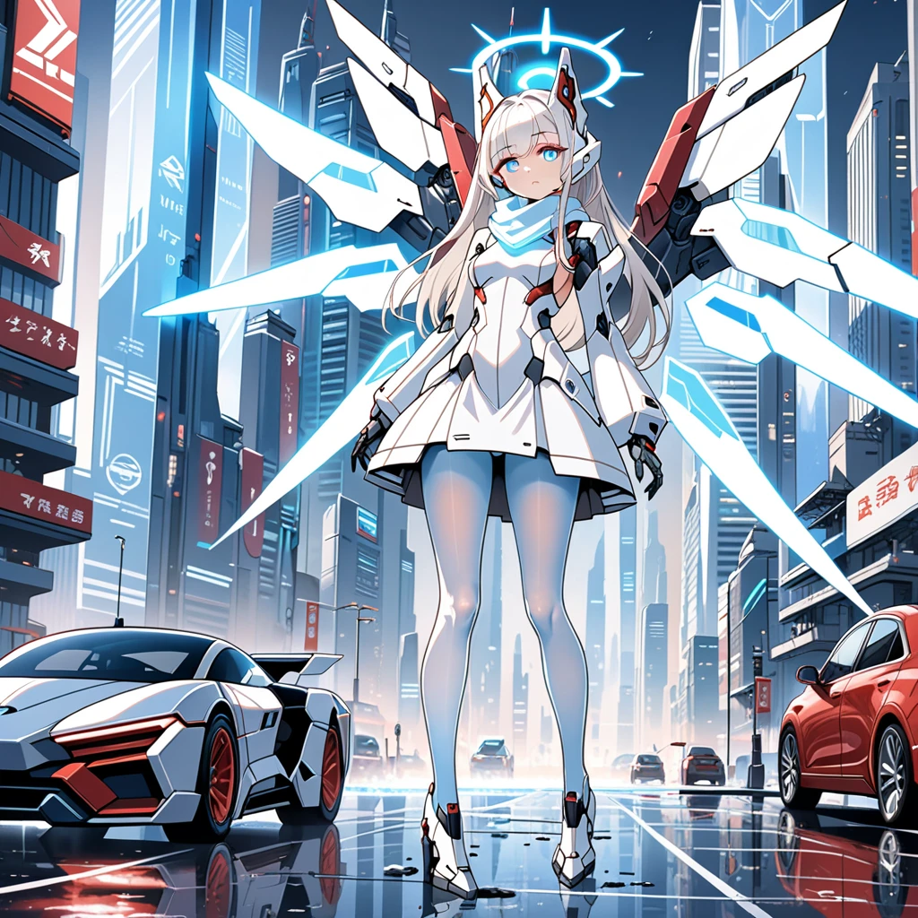 masterpiece, highest quality, highest resolution, clear_image, detailed details, white hair, long hair, 1 girl, car ears, one red eye and one blue eye, futuristic wings, futuristic halo, white sci fi mecha dress, white scarf (around the neck withn a light blue glow), white pantyhose, full body, no water marks, city, blood coming out of mouth