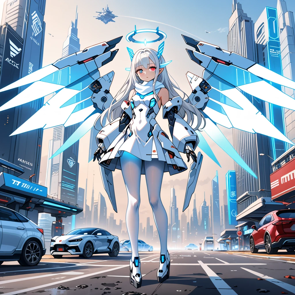 masterpiece, highest quality, highest resolution, clear_image, detailed details, white hair, long hair, 1 girl, car ears, one red eye and one blue eye, futuristic wings, futuristic halo, white sci fi mecha dress, white scarf (around the neck withn a light blue glow), white pantyhose, full body, no water marks, city, blood coming out of mouth