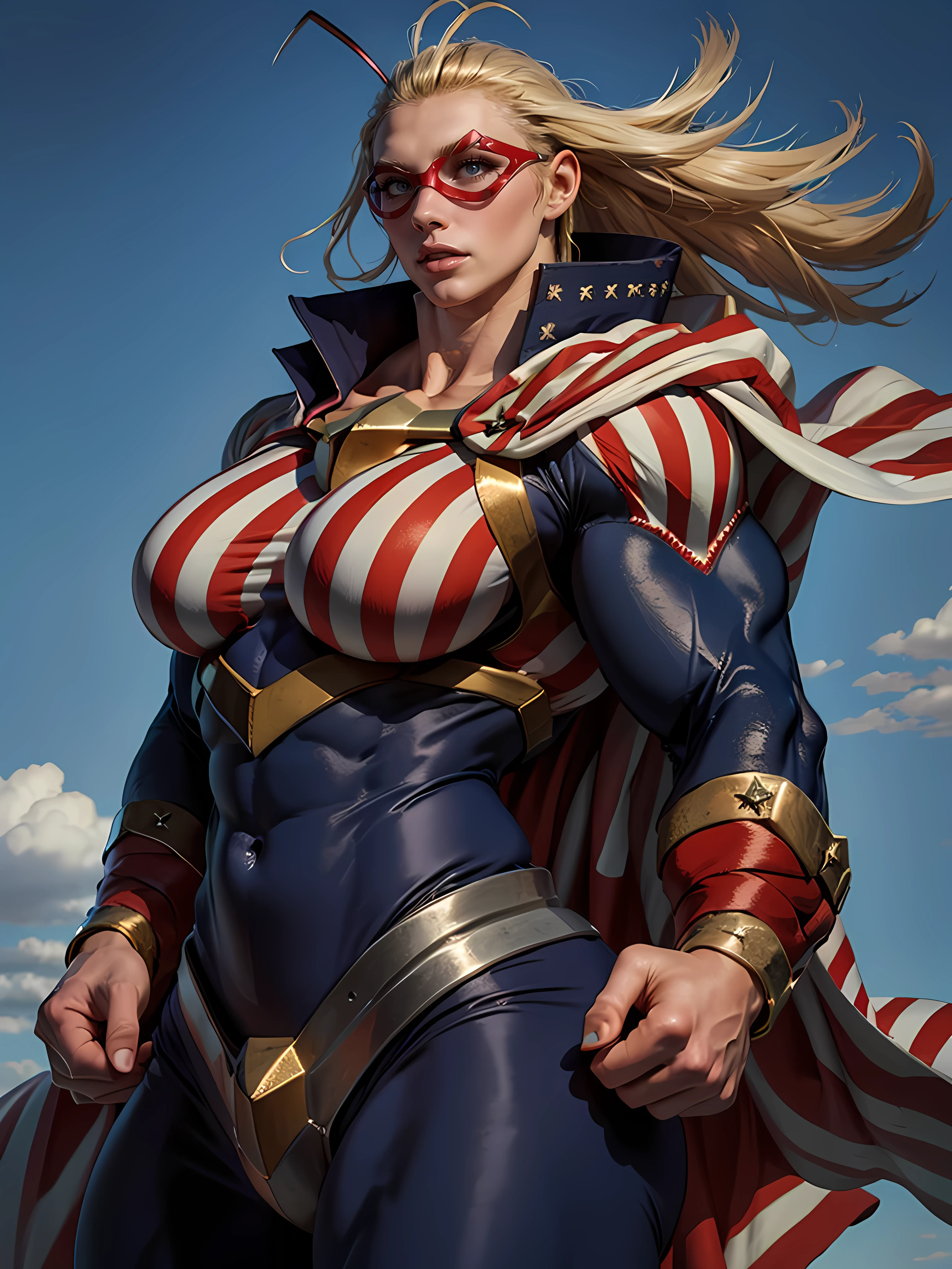 Masterpiece, Massive female bodybuilder, Giant Breasts:2, domino mask, american flag print, striped bodysuit, red cape,starandstripe, antenna hair