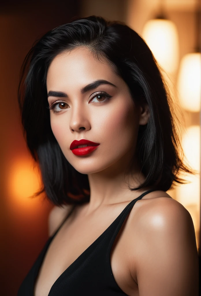 Half-body Portrait of a very beautiful woman with shoulder-length black hair, glossy red lipstick, and expressive dark eyebrows. Perfect Face and posture. She's wearing a black top and has one arm raised above her head. The woman has an intense gaze directly at the camera. Dynamic Pose:1.4, Indoor setting with soft lighting. High-quality, detailed photograph with a warm, intimate atmosphere.", long exposure, cinematic lightings , golden hour, vibrant color grading, close-up portrait, precise body anatomy, perfect body proportions, perfect face details.