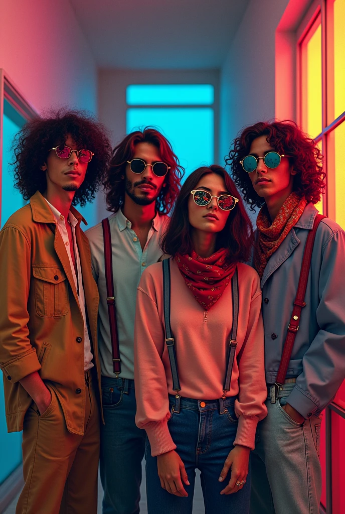 Four members of an alternative band with references to the Brazilian band "new baianos", some of the members wearing broken sunglasses and scarves, and other suspenders, accompanied by an esoteric and youthful setting.