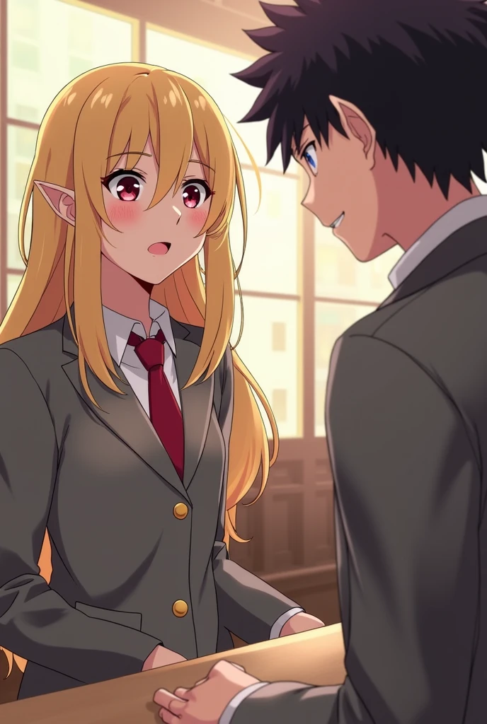 Screenshot of my hero academia girl is 160 tall with long disheveled blonde hair and 15 years old red eye color with my hero academia uniform ( grey jacket and red tie )in the dining room of my hero academia with a dark purple haired boy with elf ears , black eyes with a small smile my hero academia uniform
