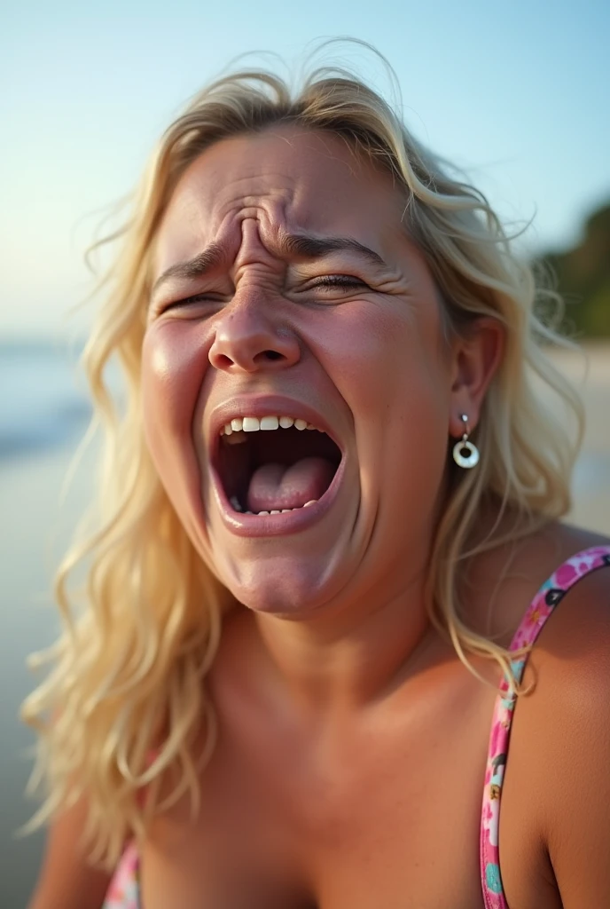 Close up of a  fat blonde woman crying at the beach 