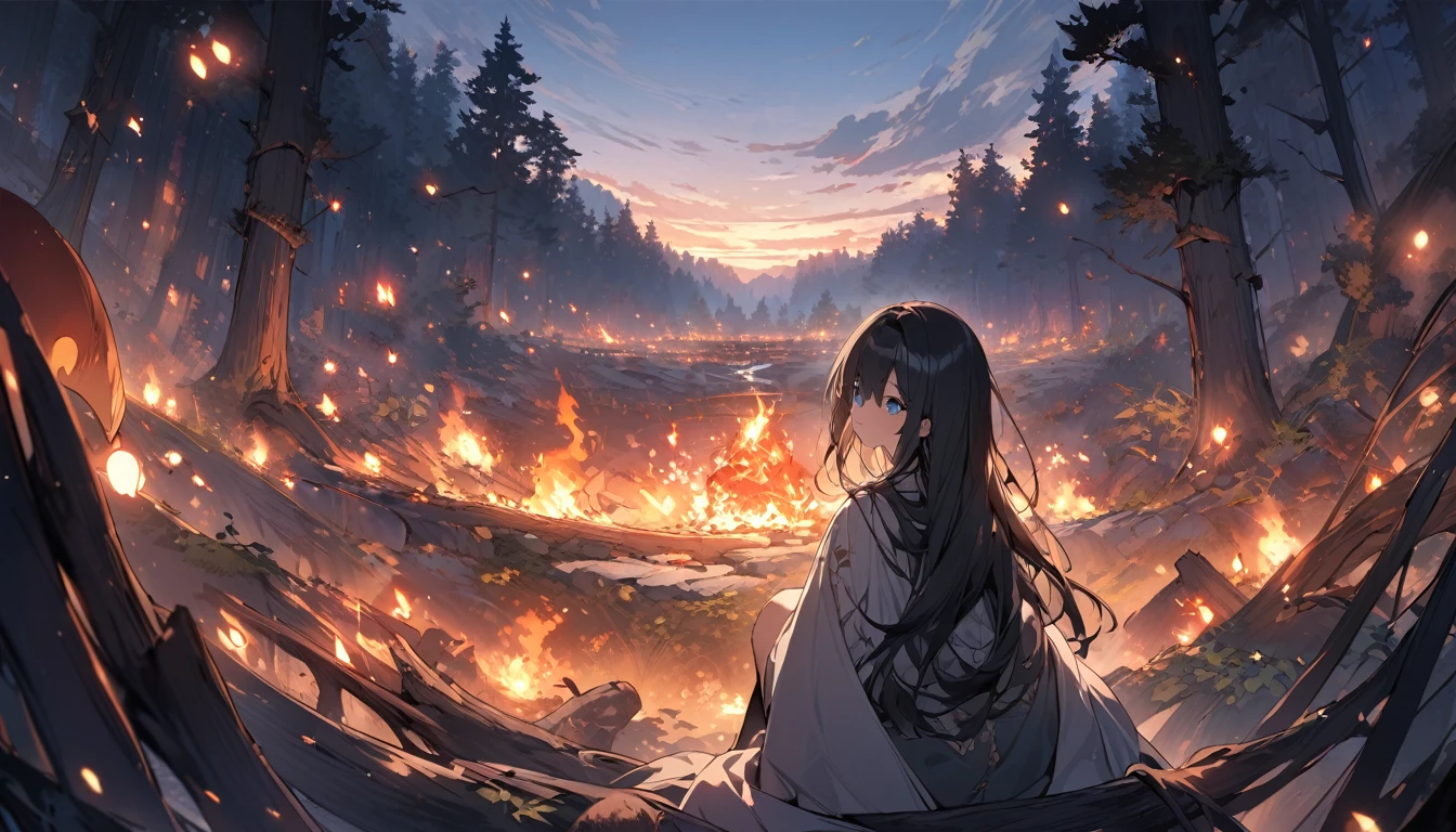 Super detailed: 1.2、Deep writing depth: 1.2、((Panorama, center, masterpiece, Highest quality: 1.2))、 (8k, RAW Photos, Highest quality), ((masterpiece:1.2)), Ultra-high resolution, アニメアート壁紙 8k、 (女の子1people、Back view),Deep in the forest、When dusk approaches、少女アリアは一peopleで焚火の前に座っていた。Her long black hair flutters in the wind、Clear blue eyes staring into the flames of the bonfire。Aria puts on her old cloak、I hugged my knees and soaked in the warmth of the fire。The silence of the forest spreads、With only the crackling of the bonfire echoing,、She was musing on legends from long ago.。 This forest has a long-standing legend.。As the night deepens、It is said that mysterious beings from deep within the forest are drawn to the bonfire.。it is妖精や精霊と呼ばれるもので、people々It is said to bring good luck to。Aria believes in the legend.、Illuminating the darkness of the forest with the light of a bonfire、I was waiting for those beings to appear.。 Eventually、The wind blows through the forest、I heard something moving among the leaves.。Aria squinted her eyes.、Look in the direction of the sound。Then、A small shadow appeared in the light of the bonfire.。it is、It was a little fairy that glowed faintly.。Arya's heart was filled with joy.、She smiled softly.。The fairy approached Aria、I touched her hand gently。That moment、A warm light spreads within Aria、I felt my heart filling up。 Aria that night、I fell asleep by the fire。She's in a dream、Flying with the fairies、Visited a secret place deep in the forest。In her heart、Anticipation and hope for a new adventure began to grow.。