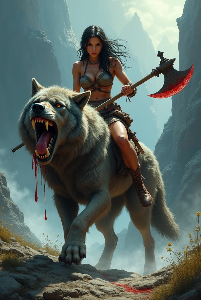 A fierce redhead warrior, Red Sonja, with her companion a huge giant wolf in a snowy landscape, blood stains on the pristine white snow , ultra detailed,,vivid colors,bokeh,portraits,concept art,dramatic lighting,cold tones,snow, ice, winter, art inspired by Bill Sienkiewicz
