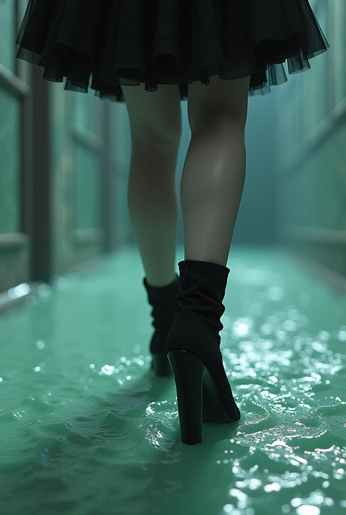 A woman wearing black suede heeled boots and white stockings tries to walk on sticky slime