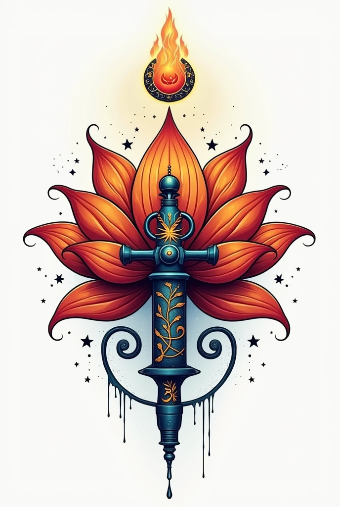 a logo with a lotus flower, the om symbol, the yin-yang symbol and the ankh symbol with a tattoo machine