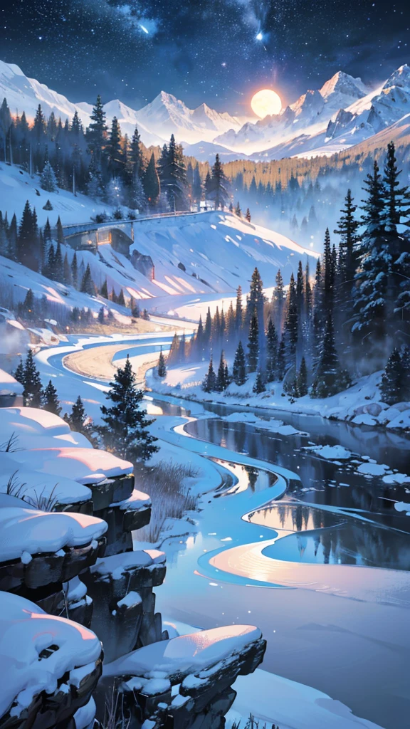 Create an 8K ultra-HD masterpiece of a breathtaking mountain landscape at night. The scene features a full moon casting a luminous, silvery glow across the rugged mountain peaks. The sky is filled with a dazzling array of stars, twinkling brightly in the clear, dark canvas. The moonlight reflects off the snow-capped peaks and rugged terrain, highlighting their intricate textures and contours. In the foreground, the landscape is bathed in soft, ethereal light, with subtle details like gentle ripples in a serene lake or the faint outlines of pine trees adding depth to the scene. The high-resolution quality captures every intricate detail, creating a stunning, illusion-like portrayal of the tranquil, majestic beauty of the night.