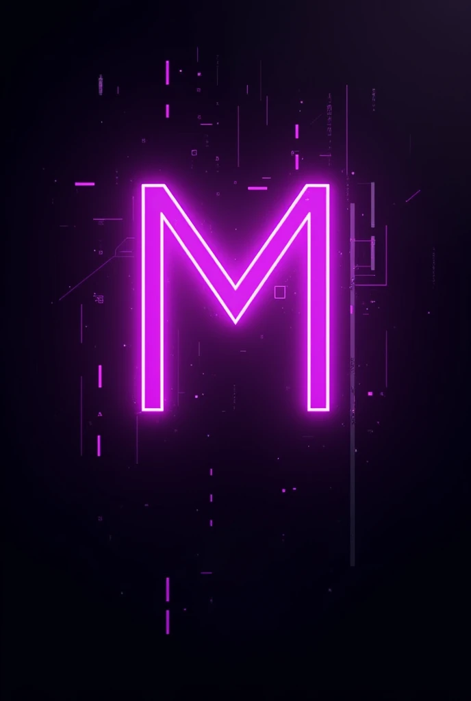black and Purple Tech Futuristic Background with Vibrant Neon with a purple neon M on the center which is titled to the right