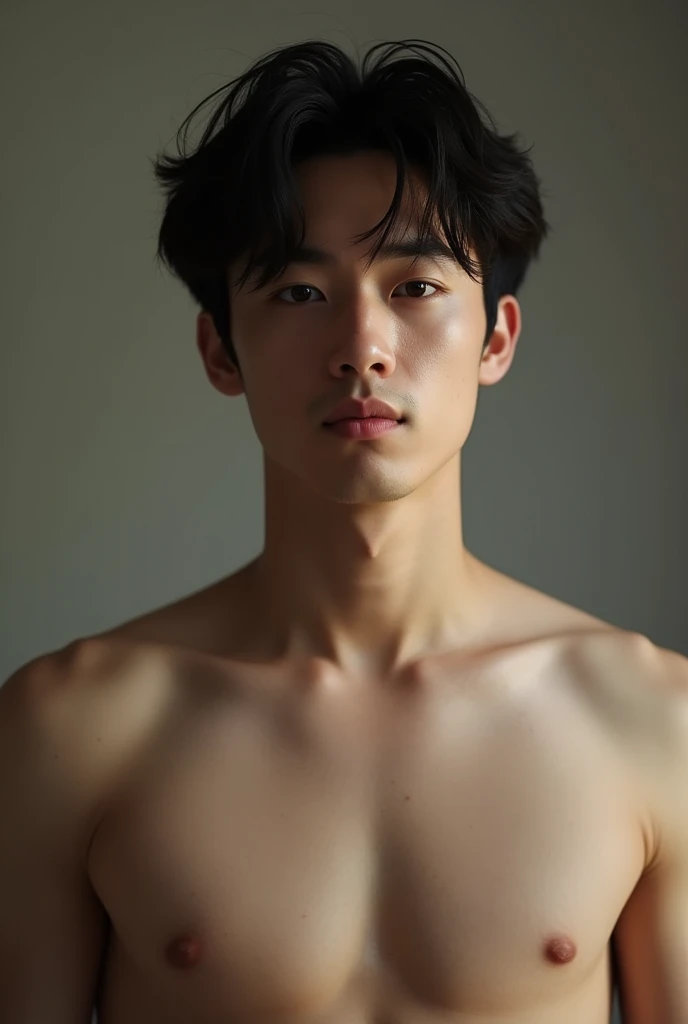 Handsome young Japanese man,plump lips,shirtless ultra realistic