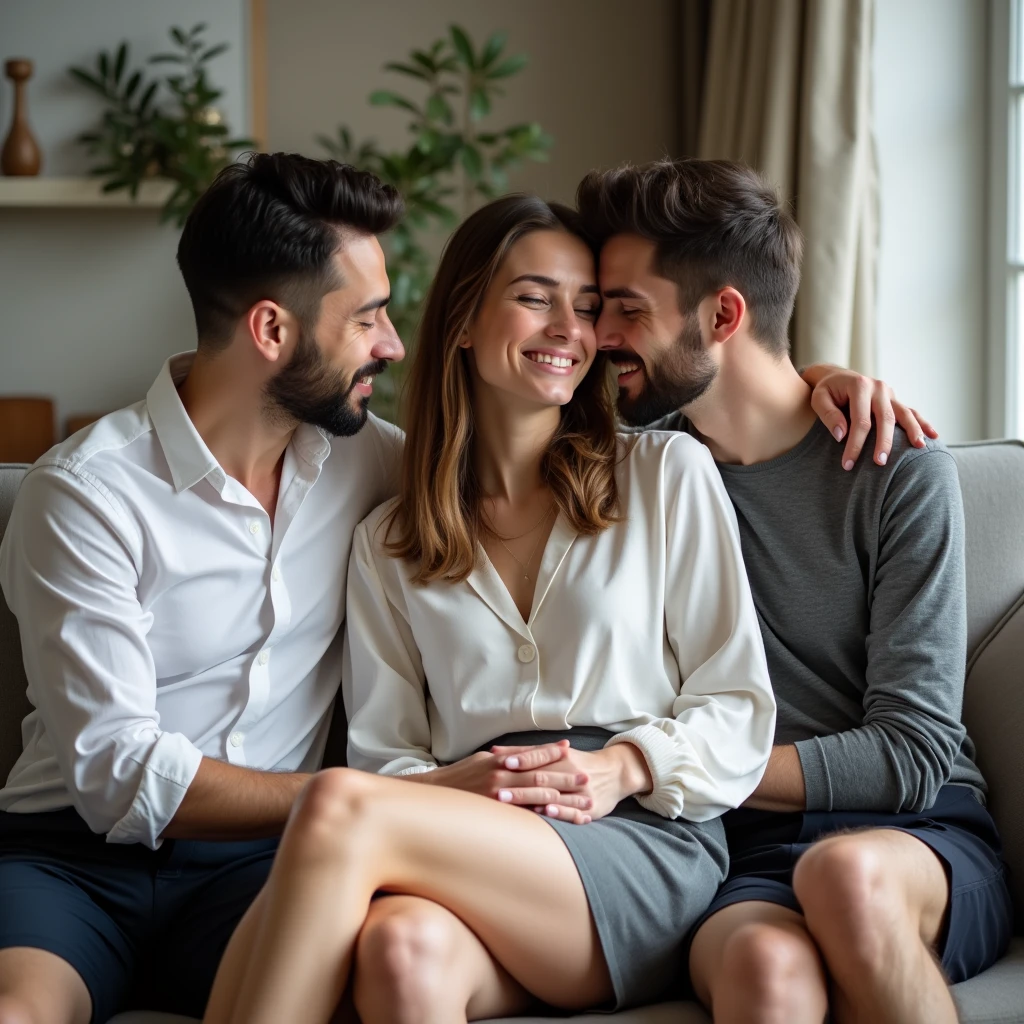 20's woman wearing short grey skirt and white blouse, two 20's men sat on a sofa cuddling woman.