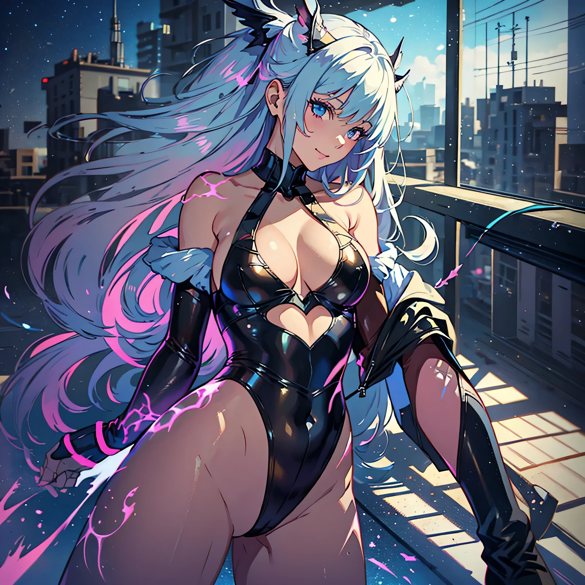 Highest quality、masterpiece、超High resolution、(Photorealistic:1.4)、Girl 1 person、Long, bright green hair、Straight hair, Shiny and beautiful hair、White and glowing skin、sexlyなサイバーパンクガール、((Ultra-Realistic Details))、Shadow、Octane Rendering、Super sharp、Ultra detailed face、Fiberglass、Luminous tube、Very intricate details、Realistic Light、CGSoation trend、(Green Eyes)、(To the camera)、Neon Details、Mechanical Limbs、Mechanical vertebrae attached to the back、Cervical vertebrae mechanically attached to the neck、Wires and cables connected to the head、((valkyrie))、((Beam Cannon))、Combat Stance、((Seductive pose:0.8))、(Light_smile:1.0)、whole body(masterpiece, Highest quality, Very detailed, absurdes)1.5, 1 Girl, (sexly, Beautiful woman, Perfect Face, Perfect Eyes, Perfect female body, Huge breasts)1.5, (morrigan_Installment payments_I love my wife, Long Hair, green_hair, Front hair, devil_girl, head_wing, wing, animal_printing, pantyhose, one_printing, one_wing, printing_legwear, bride_my, Tight suit, just_b Shoulder, Cleavage, black_wing, orange_my, string_Tight suit, black_footwear, Bat printing, clothing_cut out, purple_wing, heart_cut out, low_wing, black_Tight suit, one, High Leg_Tight suit, purple_legwear, devil_wing, thicker_trim, my, koakuma, cut out_in addition_belly button), (Are standing, Outdoor, Gothic cathedral in the background, Night Sky), Perfect lighting, Smooth, High resolution, Huge boobs, Cleavage, Chest bulging like crazy, Fitness Model, Laughter, Sweat, Red cheeks