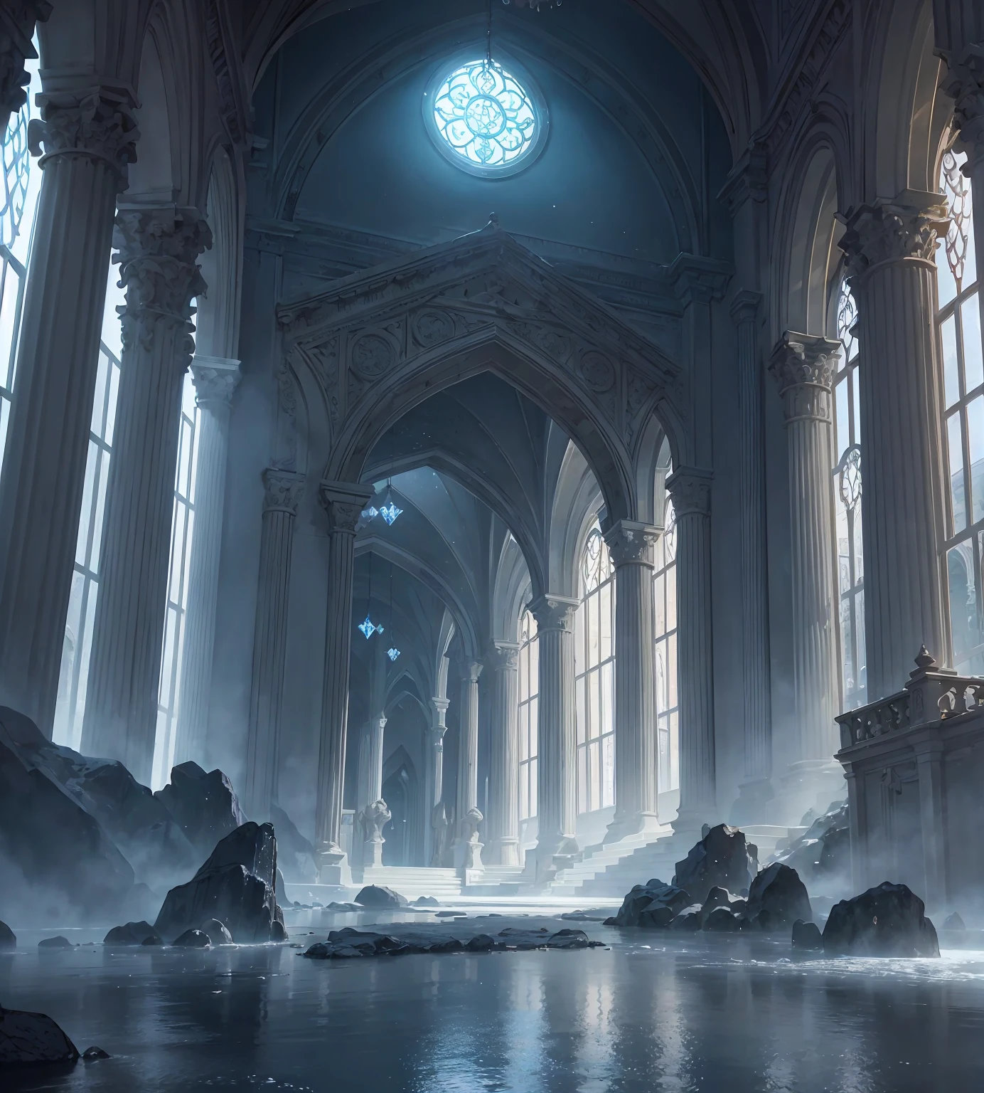 A serene and mysterious dungeon landscape, with a silver moon shining brightly overhead, creating a magical and ethereal atmosphere. The scene is filled with intricate architectural details, ornate columns, and towering arched doorways. Glowing crystals and shimmering pools of water add to the enchanting ambiance. Mist swirls around the sanctuary, lending an air of mysticism and wonder. The overall composition is breathtaking, with a sense of grandeur and ancient power.

realistic, photorealistic, photo-realistic:1.37, best quality, 8k, highres, masterpiece:1.2, ultra-detailed, extremely detailed, extremely detailed architecture, glowing crystals, shimmering water, ornate columns, towering arched doorways, mist, silver moon, ethereal, mystical, serene, mysterious, dungeon, sanctuary, landscape, fantasy, cinematic