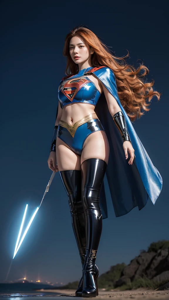 masterpiece, best quality, nvidia RTX, Full makeup, Extremely beautiful, Orange wavy hair, The hair is blown by the wind, Clear images, Realistic skin details, Movie Lightning, Intricate details, ((Futuristic Superwoman)), ((Tights)), ((Sexy set)), ((Blue latex)), ((Super girl symbol)), White over-the-knee boots，Perfect face, Proportional mechanism, (Cape blown by strong wind:1.3), ((whole body)), Camel toe:1.4, Thigh gap, Bright background, Standing in the middle, Symmetrical pose, Epic light reflections, night, From below