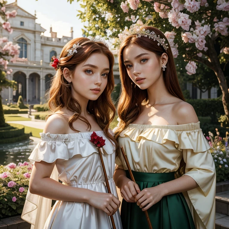 (​masterpiece, best quality:1.5), highest quality, High resolution, super detailed, Realists, Upper body photo of a red-haired flower girl, detailed and beautiful eyes, beautiful detailed lips, very detailed eyes and face, longeyelashes, Young girl in a green skirt and red off-the-shoulder blouse made of shiny satin fabric, Beautiful and colorful makeup, elegant and noble々Pose,shiny satin headband, grind, Holding flowers, Gardens as background, soft daylight, bright colors, fine brushstrokes, Portrait style, Noble details in the dress fabric, beautiful color palette, glowing skin, First-class rendering, that captures every detail, enchanting atmosphere, subtle shadows and lights, (perfect anatomy:1.2), (The two stunning flower girls hold a long silver stick with a bow. Exchange glances.  (magnificent panorama view:1.2)