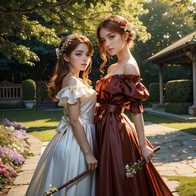 (masterpiece, best quality:1.5), highest quality, High resolution, super detailed, Realists, Upper body photo of a red-haired flower girl, detailed and beautiful eyes, beautiful detailed lips, very detailed eyes and face, longeyelashes, Young girl in a green skirt and red off-the-shoulder blouse made of shiny satin fabric, Beautiful and colorful makeup, elegant and noble々Pose,shiny satin headband, grind, Holding flowers, Gardens as background, soft daylight, bright colors, fine brushstrokes, Portrait style, Noble details in the dress fabric, beautiful color palette, glowing skin, First-class rendering, that captures every detail, enchanting atmosphere, subtle shadows and lights, (perfect anatomy:1.2), (The two stunning flower girls hold a long silver stick with a bow. Exchange glances. (magnificent panorama view:1.2)