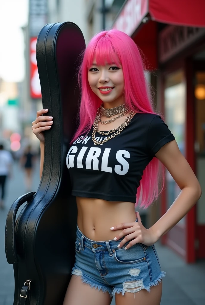 Adult video poster、「Band Girls」「ShockingAVdebut!」Character、(((Japanese woman carrying a large black guitar case))), 26 year old adult woman wearing a black crew neck top with large English letters on her chest and short blue jeans posing for a photo, busty female porn actor, dynamic pose, model pose for rock music magazine, unimaginably beautiful woman with slender curves, Japanese female fashion model, (((very bright pink hair))), happy, thick chain jewelry around neck and arms, (((in front of a strip theater in Asakusa))), pure and beautiful smile, intelligent face, slender curves, big breasts, wearing a black t-shirt, a very small leather jacket, denim shorts, (((extreme low angle))), zero, building, carrying a black guitar case with a guitar strap attached