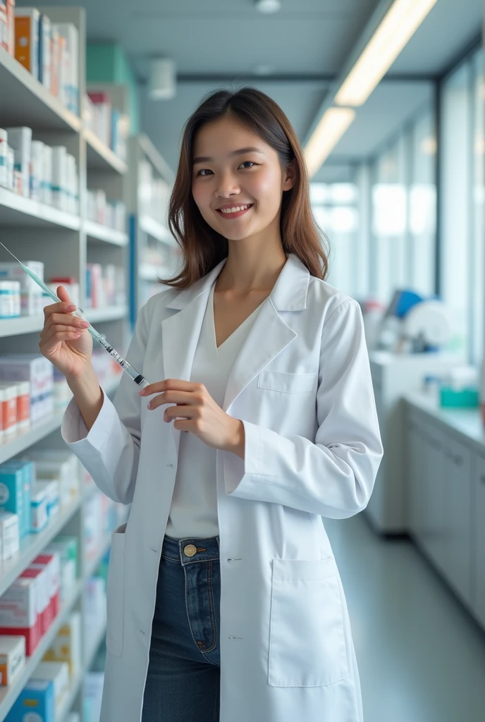 Create the image of a young pharmacist with a syringe in his hand