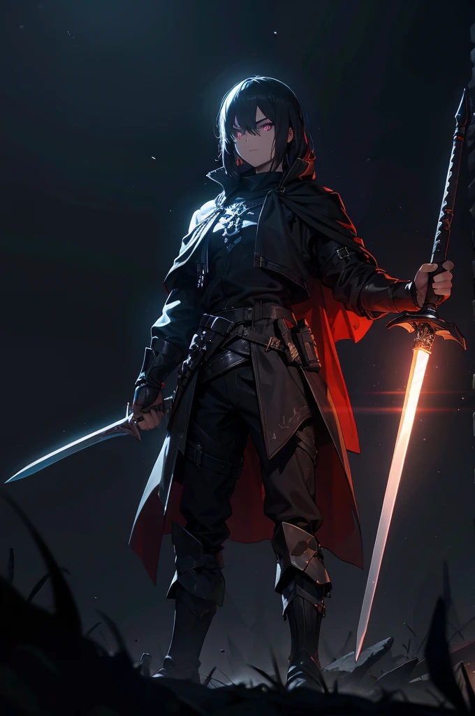 dark atmosphere,dark background,Glowing Sword,can'I can't see your face,Sword in both hands,night,dark,fear,