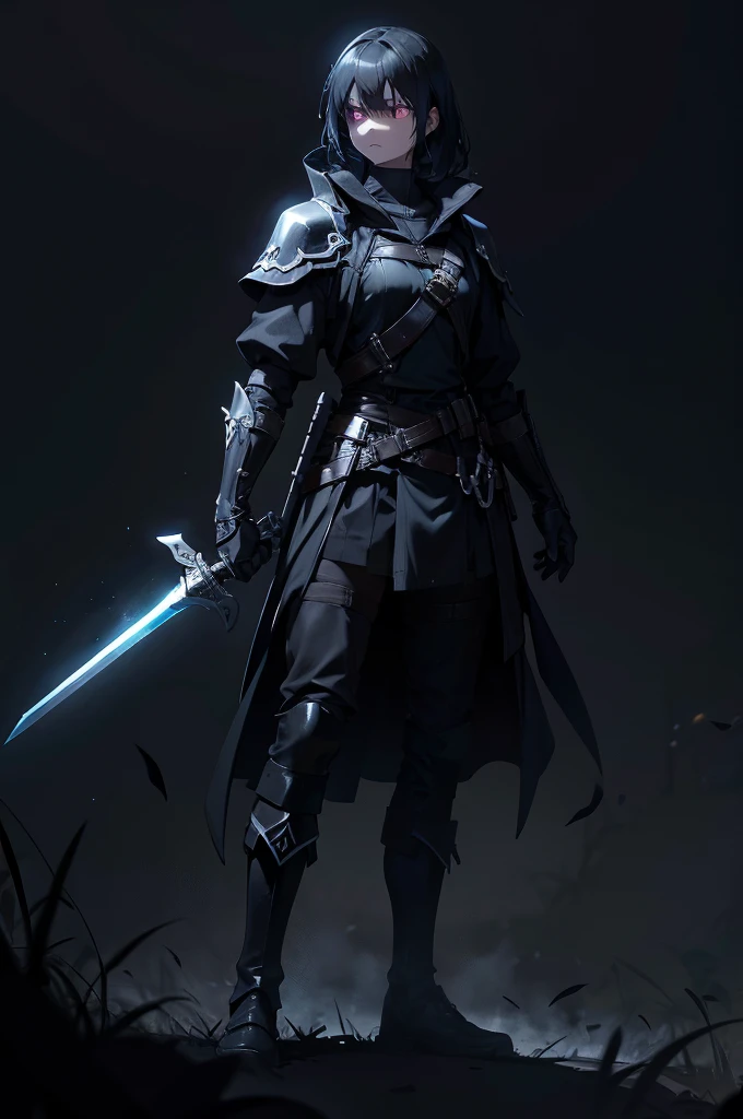 dark atmosphere，dark background，Glowing Sword，can&#39;I can&#39;t see your face，Sword in both hands，night，dark，fear，