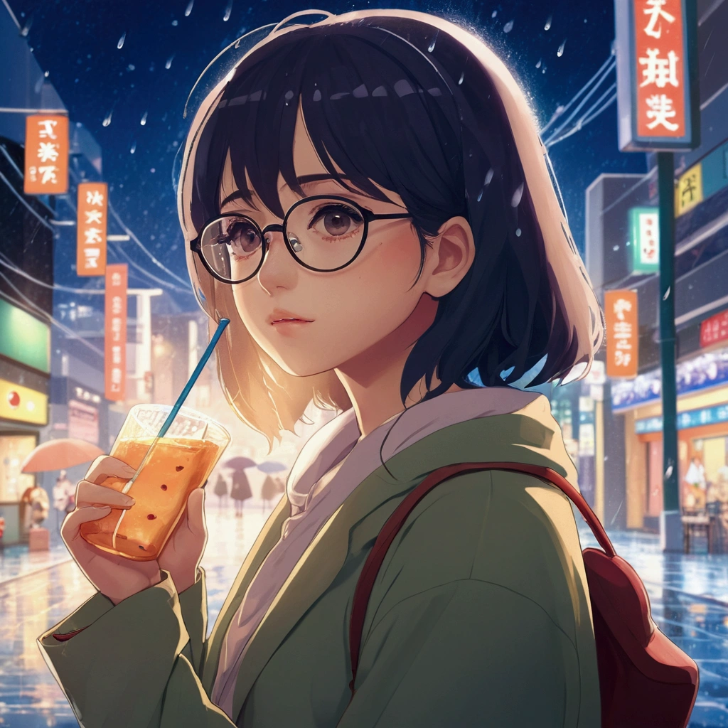 Anime girl with glasses holding an umbrella in a rainy city street, Portrait of Rofi, LOFI Girl, Anime Moe Art Style, Cute girl anime visuals, Lofi Artstyle, Anime Style 4k, Gweiz-style artwork, Lofi Art, Digital anime illustration, Atei Gailan 8K、Long Hair