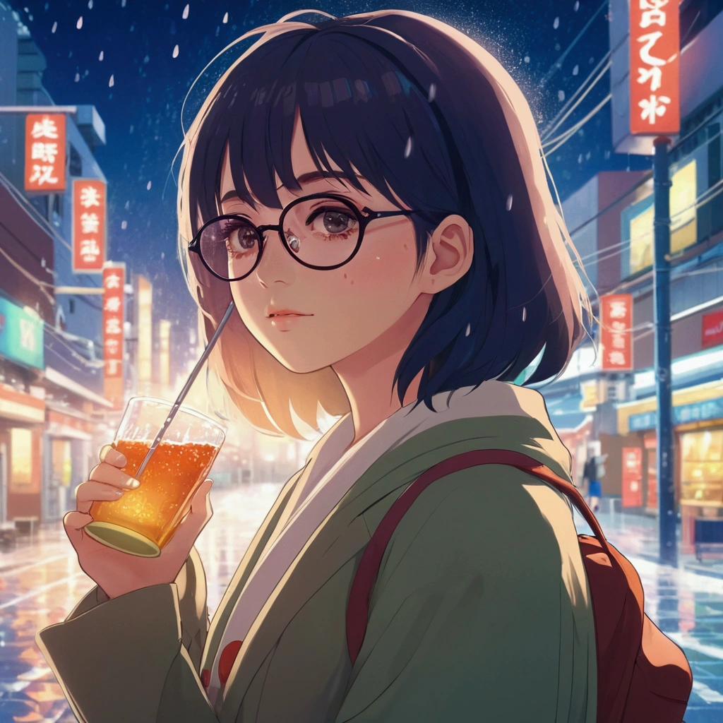 Anime girl with glasses holding an umbrella in a rainy city street, Portrait of Rofi, LOFI Girl, Anime Moe Art Style, Cute girl anime visuals, Lofi Artstyle, Anime Style 4k, Gweiz-style artwork, Lofi Art, Digital anime illustration, Atei Gailan 8K、Long Hair