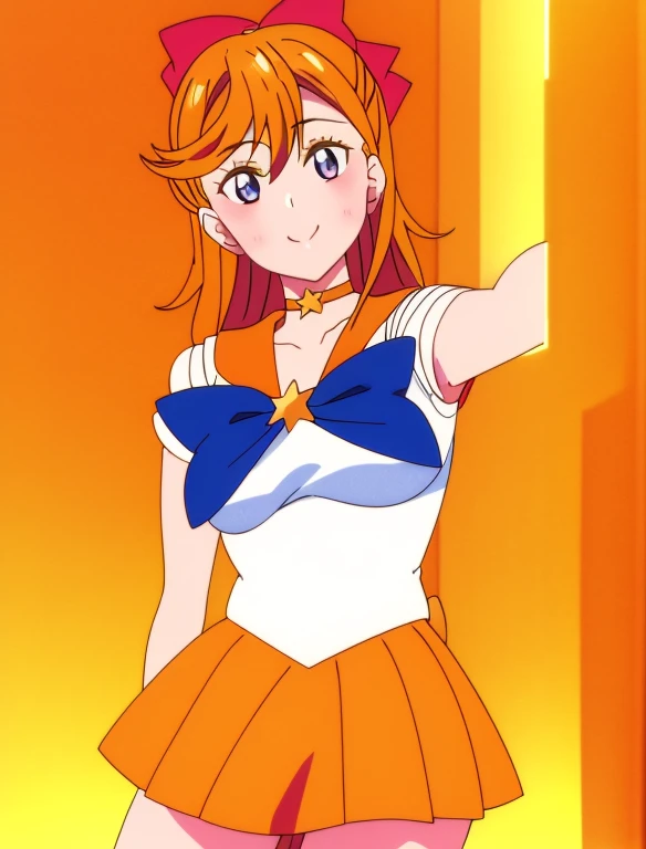 star_(symbol)、starry_background、aino minako、Anime Aunt、MILF、a matural female、A MILF、sailorvenus、rating:safe、Sailor Senshi Uniform、magical 、Very long blonde woman、red_bow、Red ribbon on head、Orange sailor collar、Golden sailor collar、bow、purple bowtie、white glove、elbowgloves、White leotard、highleg leotard、robe blanche、solo、Orange Choker、Golden Choker、skirt、Orange skirt、Golden skirt、Blue-eyed boy、hair_bow、Star earrings、Half Up Hair、crescent、a miniskirt、pleatedskirt、orange_background、star_background、Woman with very large breasts、huge tit、smile、jewelry、cowboy_shot、back_bow、looking_at_viewer、index_finger_raised、orange_theme、star_theme、circlet、gradient_background、Woman standing、gradient、blush、pointing、1990's\(styles\)、