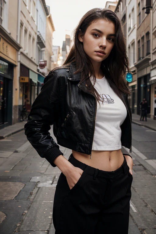 Photography of a 20 year old woman, perfect face, Masterpiece, good, underwear, black_good, jacket, black_trousers