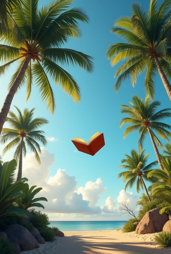 Book flying between palm trees