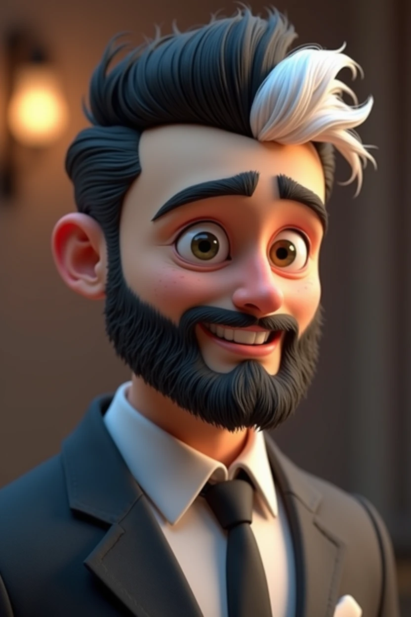 Cartoon character of a man with black hair and some white strands, white bearded, formal suit, white skin color, animation character, stylized character, animation style rendering, 3d stylized, Arnold Maya rendering, Stylized 3D rendering, toon render screenshot, 3d character, 3d character, Stylized 3D rendering, 3D character rendering, cartoon character, Personagem de close up, character posing,  (Pixar-style) (master part:1.2) (bokeh) (best qualityer) (skin detailed) (detailed texture) (8k) (Argilla) (cinematic lighting) (sharp focus