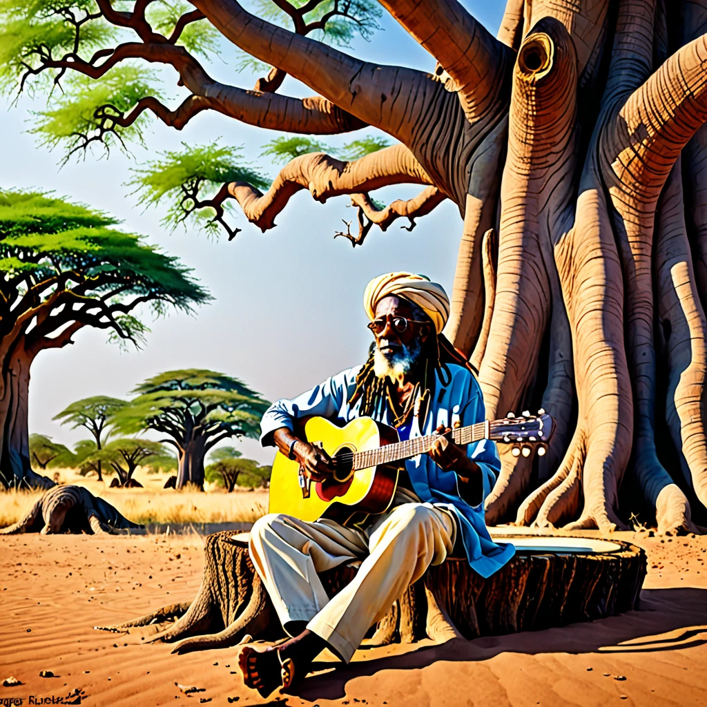 supper: Imagine an old man, Rastafarian sage sitting under a giant baobab tree, his dreadlocks telling stories of years gone by. He strums an old guitar, each note a call to the heart, spreading vibrations of love and unity. around him, the air shimmers with a mystical haze, as if the atmosphere itself was charged with his profound insights, water colour, trends on ArtStation, sharp focus, studio photo, details Intricate, highy detailed, por Greg Rutkowski, water colour, trends on ArtStation, sharp focus, studio photo, details Intricate, highy detailed, por Greg Rutkowski, water colour, trends on ArtStation, sharp focus, studio photo, details Intricate, highy detailed, por Greg Rutkowski