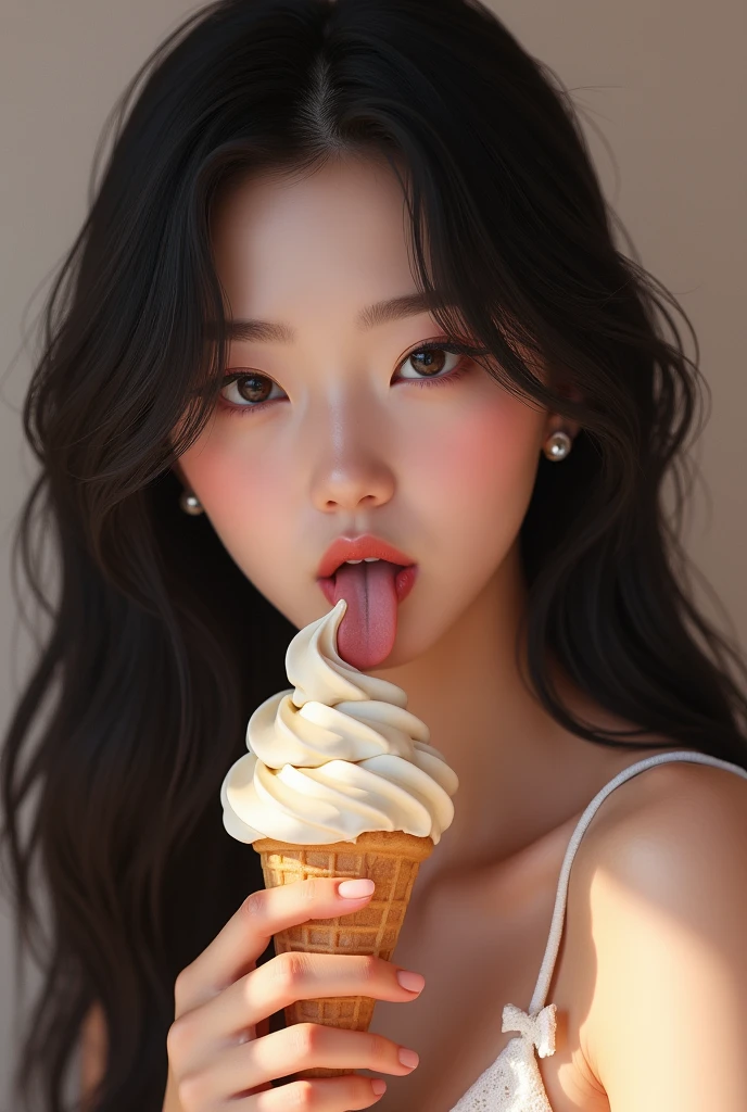 Korean girl, cute, 20 years old, black hair, very long hair, sucking ice cream, naked, plummpy, looking at viewer