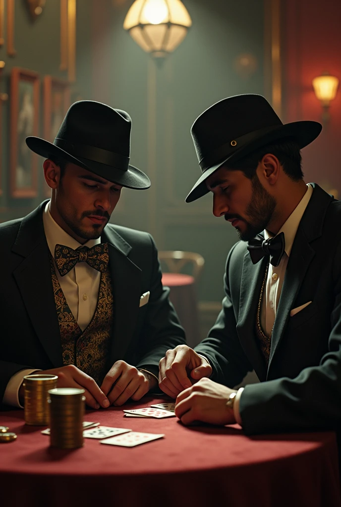 Create a man dressed as a Brazilian scoundrel from the 1920s, called Little Black Joe of Souls, playing cards with another rogue from the same era as him called Malandro Miguel